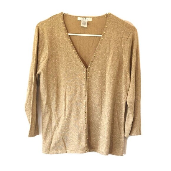 Gold Sweater Women Sz Medium Shimmery Sequin Natalie & Me Knit Metallic Design - Picture 7 of 9